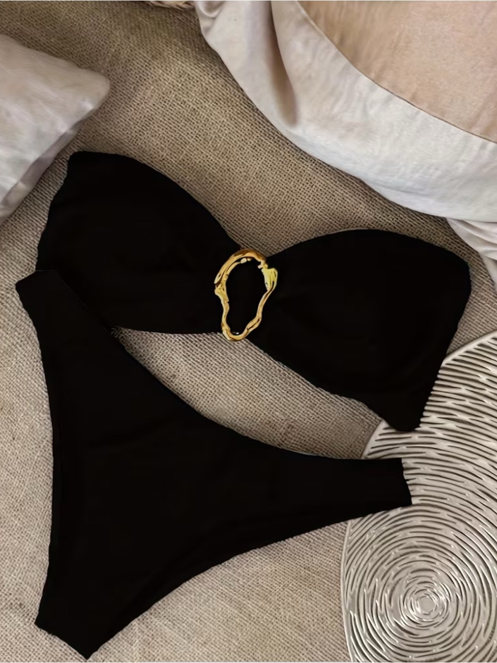 Black Strapless Bikini Set with Gold Accent